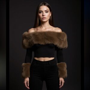 NWT Black Off-Shoulder Top with Brown Fur Trim XS